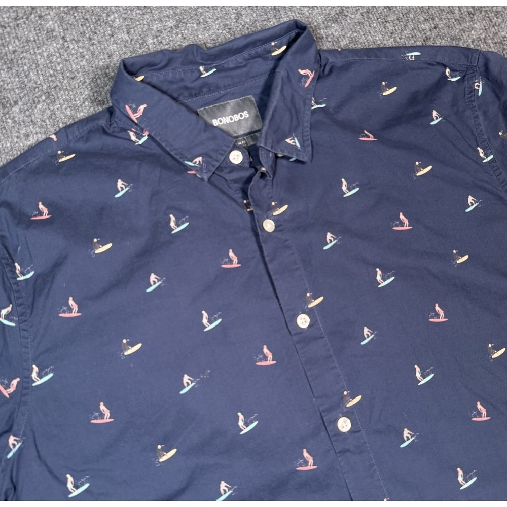 Bonobos Button-Up Shirt Mens XL Navy Slim Fit Surfer Print Cotton Casual Hawaii